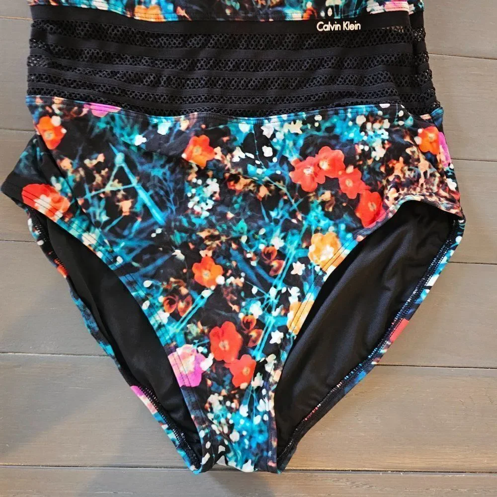 Calvin Klein Women's Floral Poppy Mesh Inset Panel One Piece Swimsuit Size 14